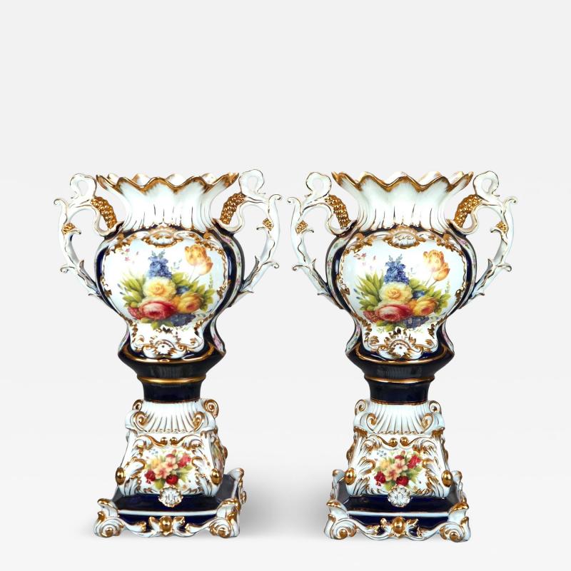 Antique French Old Paris Enameled Gilt Decorated Porcelain Urn Vases 19th Cent