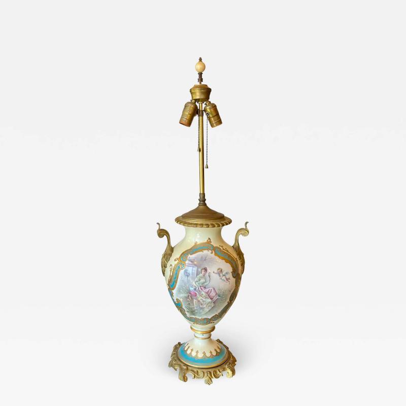Antique French Porcelain Gilt Bronze Serves Style Scenic Vase Table Lamp