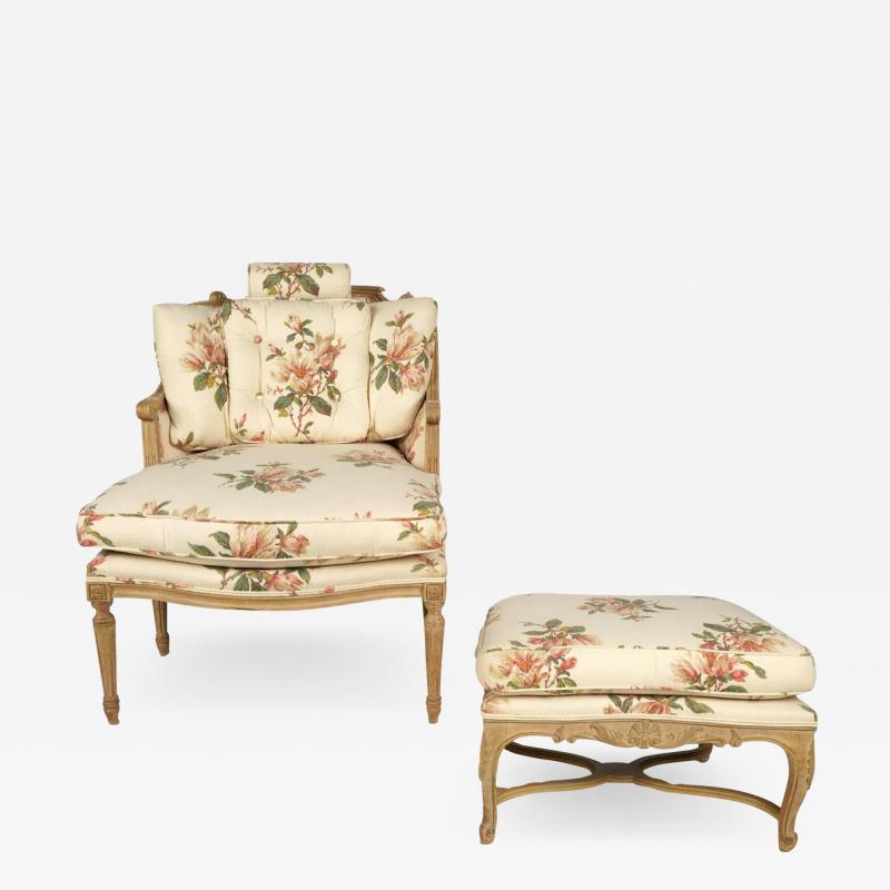 Antique French Provincial Bleached Mahogany Wood Duchesse Brisee 2 Piece Chaise