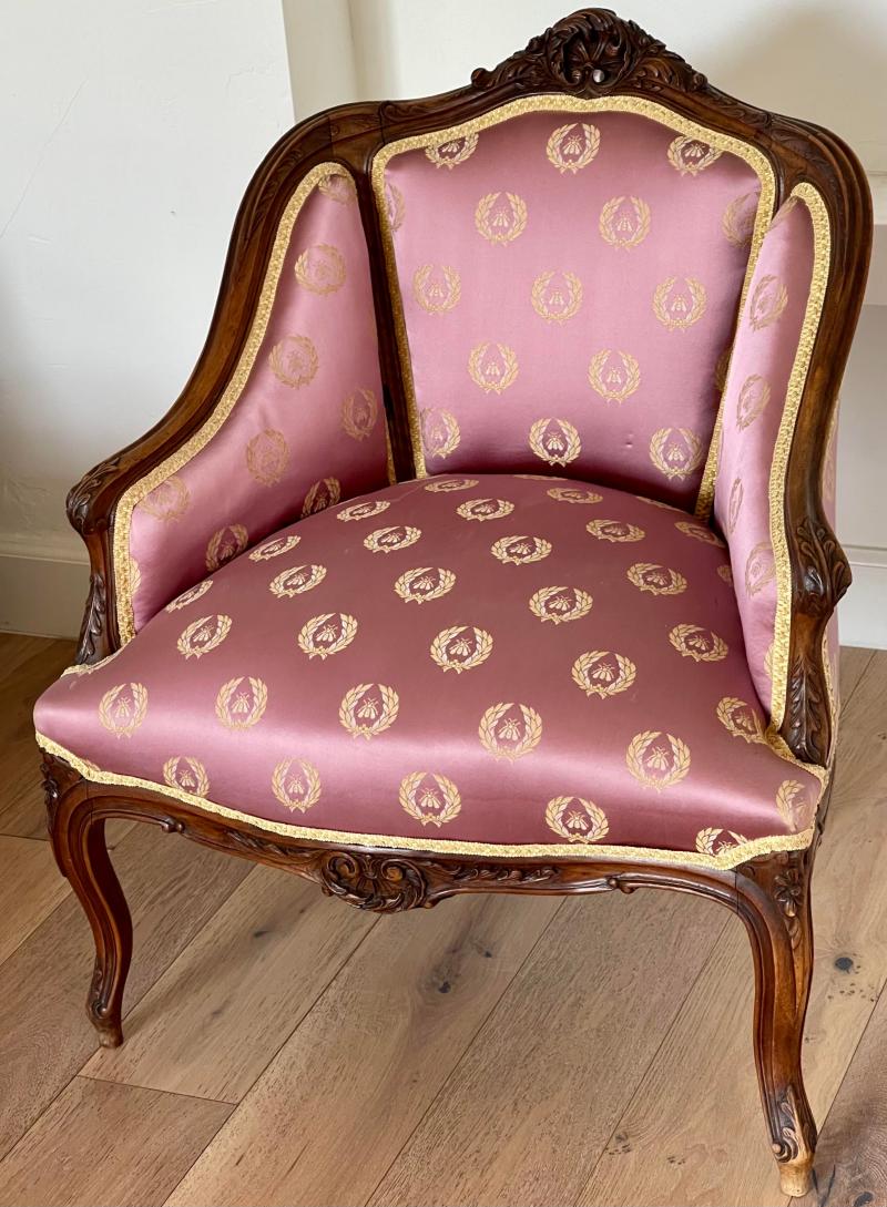 Antique French Provincial Vanity Stool W Napoleonic Bee Silk Fabric