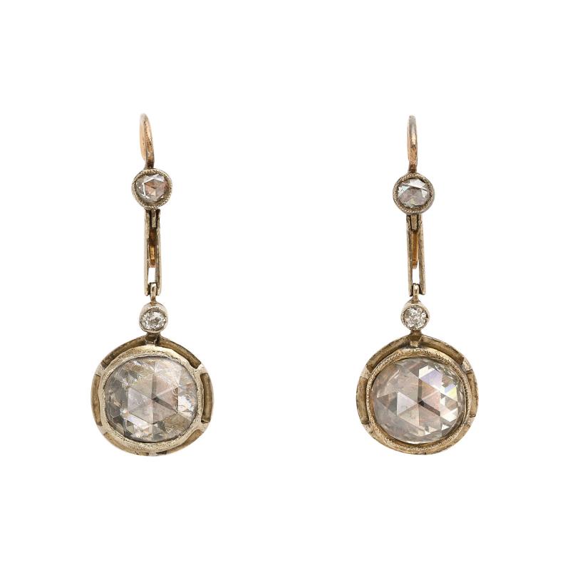 Antique French Rose Cut Diamond Gold Dangle Earrings