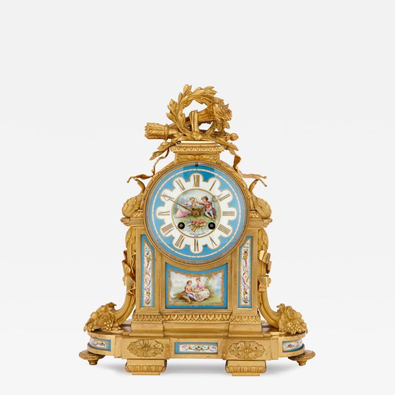 Antique French Sevres style porcelain and gilt bronze mantel clock