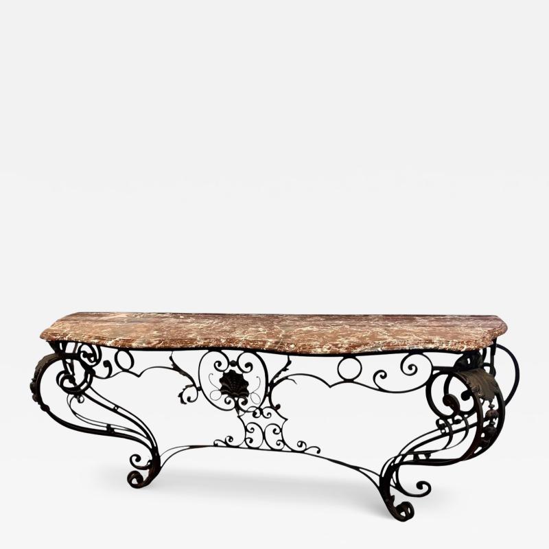 Antique French Wrought Iron Marble Top Console Table