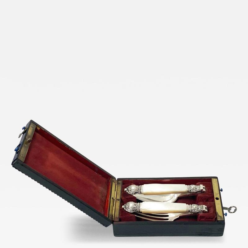 Antique French antique silver mop travel folding fork and spoon original box