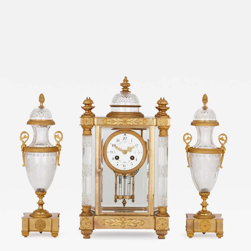 Antique French gilt bronze and cut glass clock set