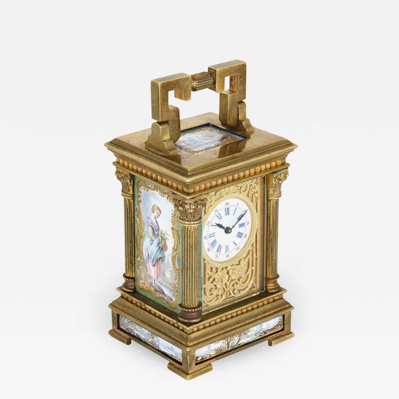 Antique French gilt bronze and enamel miniature carriage clock