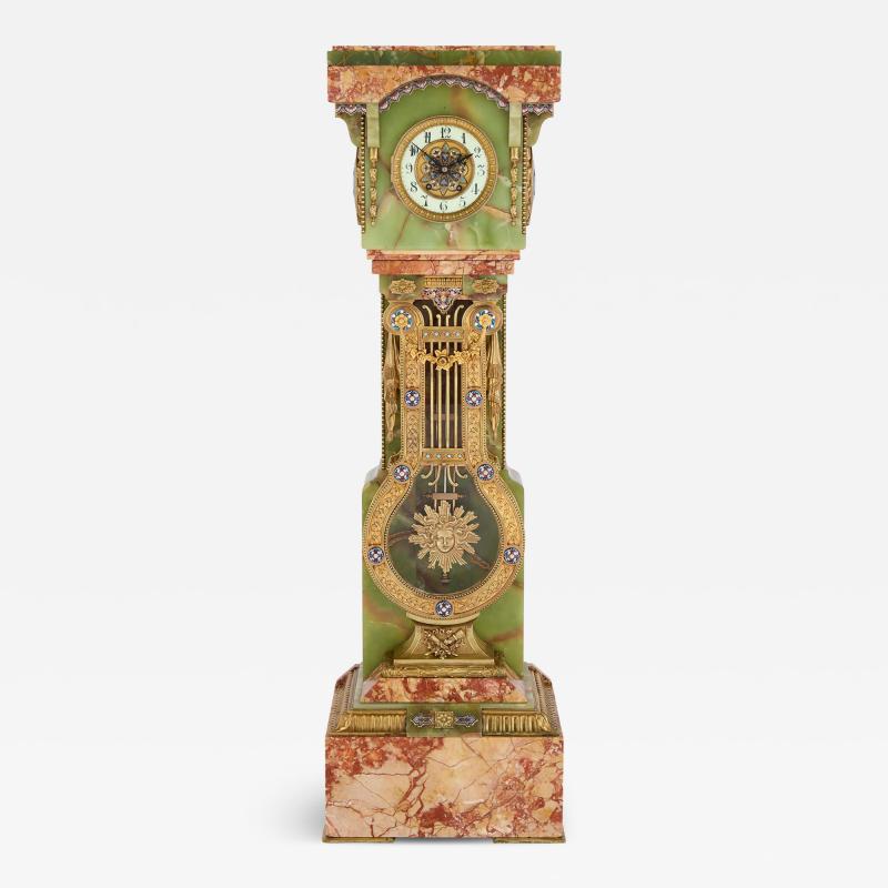 Antique French onyx champlev enamel marble and ormolu pedestal clock