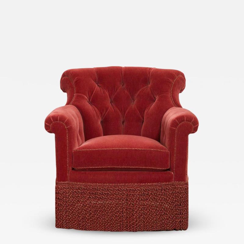 Antique Fully Upholstered Tufted Roll Arm Red Velvet Chair
