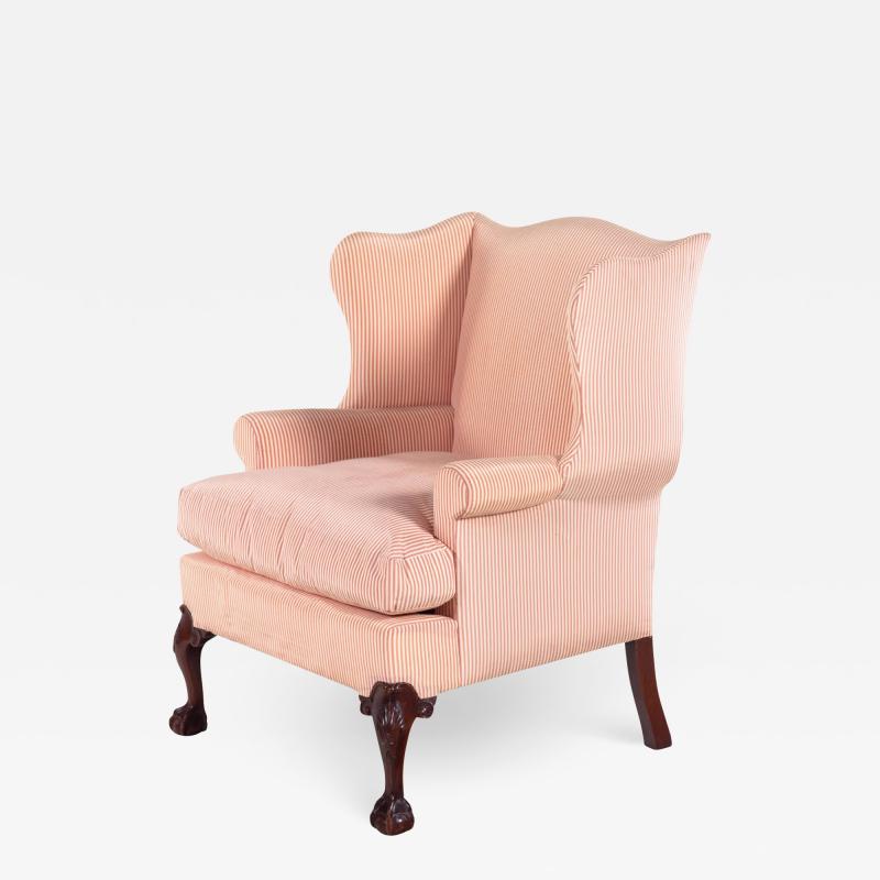 Antique George II Style Mahogany Pink Striped Wingback Arm Chair