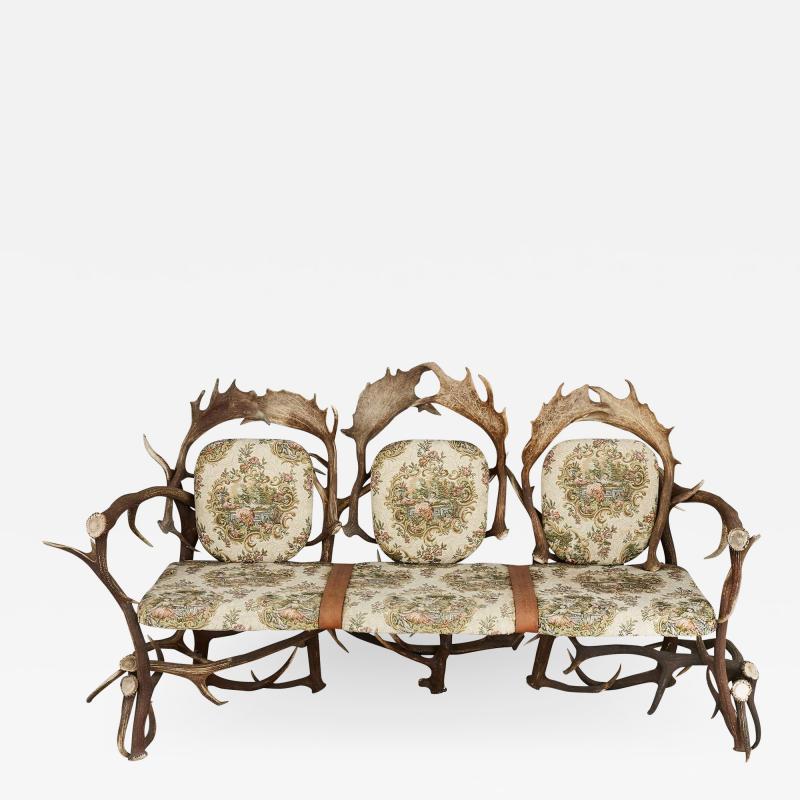 Antique German Antler Settee with Rococo Style Upholstery