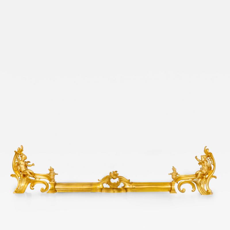 Antique Gilt Bronze Fireplace Fender with Chenets by Bouhon Paris