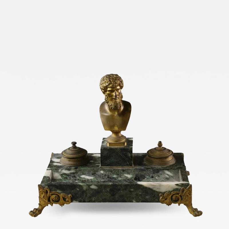Antique Gilt Bronze Roman Bronze Bust of Lucius Verus on Marble Inkwell