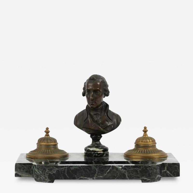 Antique Gilt Patinated Bronze Bust Inkwell on Verde Antico Marble Stand