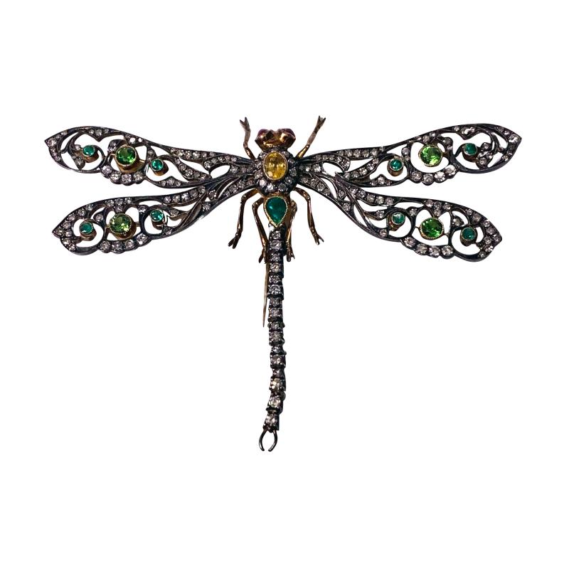 Antique Gold Gem Dragon Fly Brooch European C 1910 