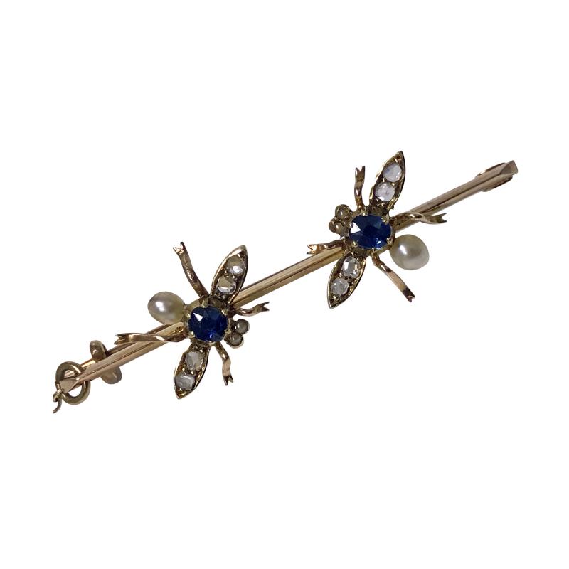 Antique Gold Sapphire Diamond Pearl Fly Bee Brooch English C 1900 