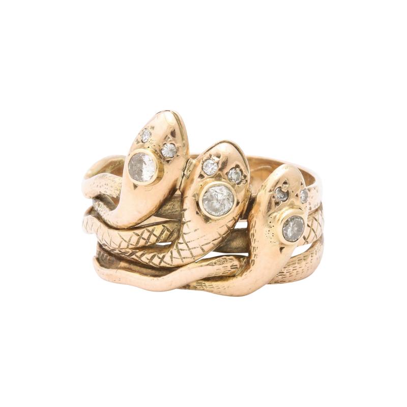 Antique Gold and Diamond Triple Head Snake Ring
