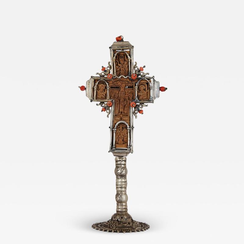 Antique Greek Orthodox carved wood and silver cross