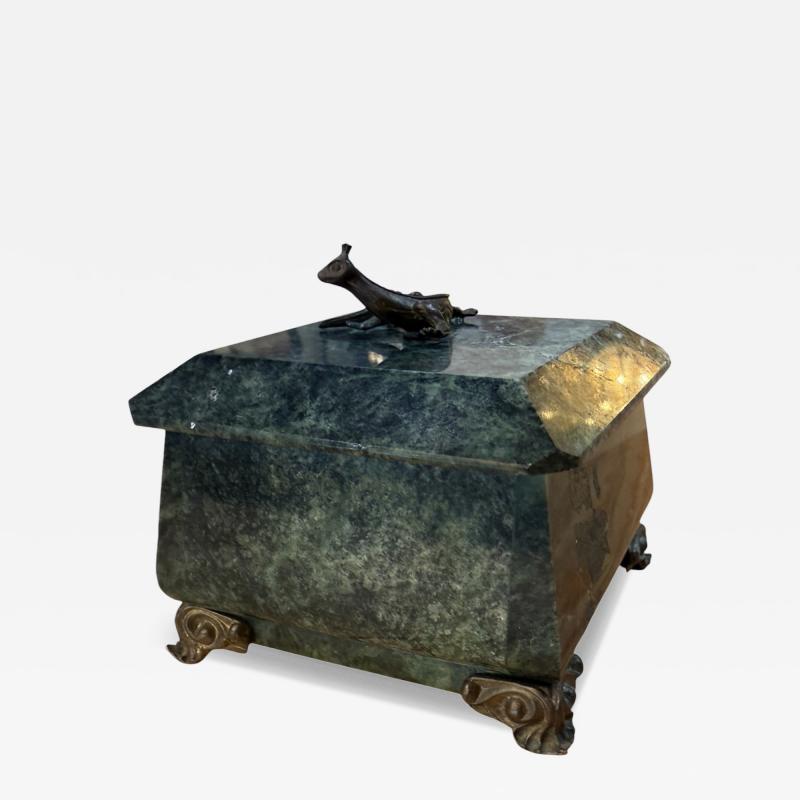 Antique Green Marble Box with Bronze Accents and Animal Finial