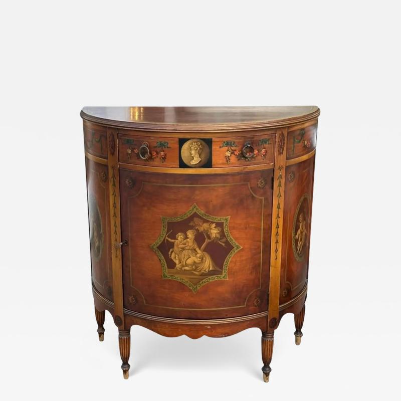 Antique Hand Painted Demilune Cabinet W Cherubs