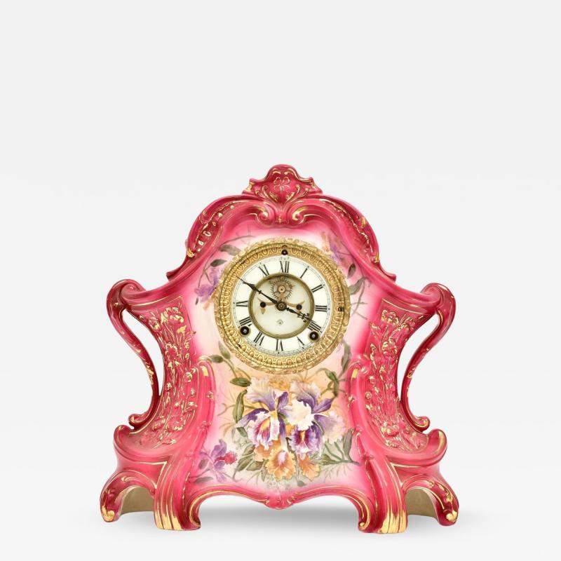 Antique Hand Painted Porcelain La Layon Mantel Clock by Royal Bonn for Ansonia