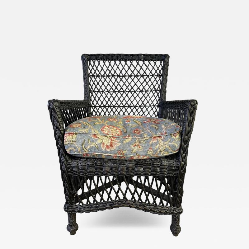 Antique Hand Woven Bar Harbor Style Black Wicker Floral Arm Chair