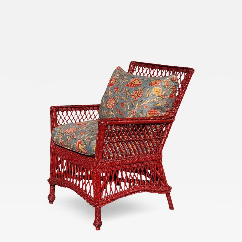 Antique Hand Woven Bar Harbor Style Red Wicker Floral Arm Chair