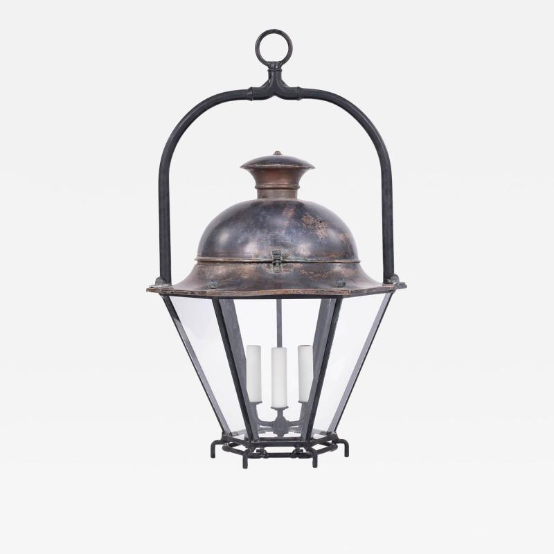 Antique Hexagonal Glass Paneled Domed Copper Lantern
