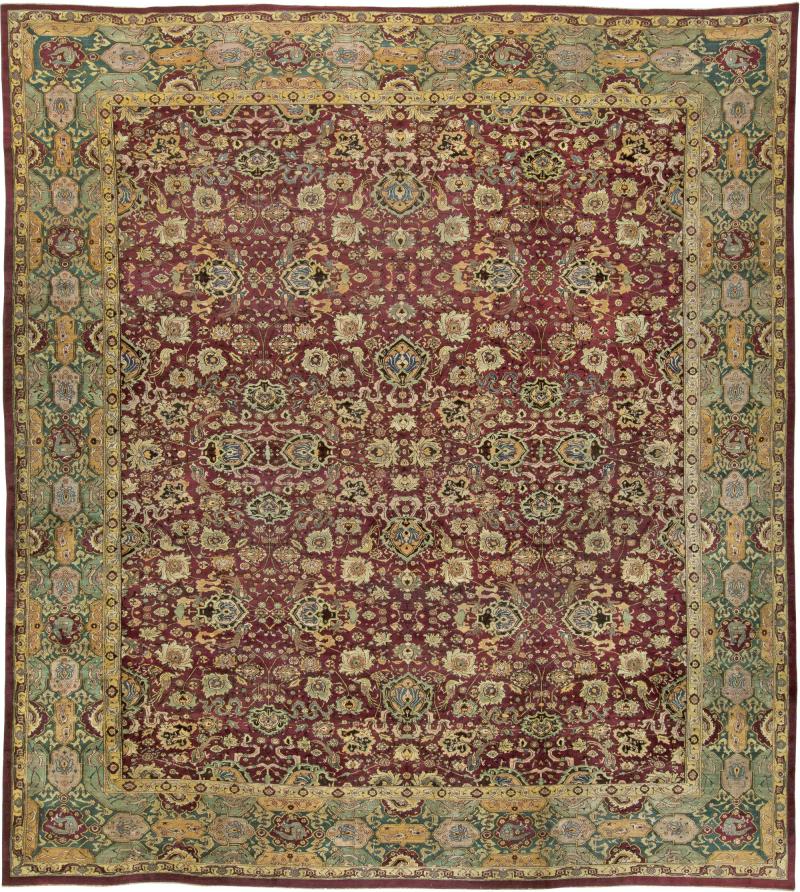 Antique Indian Agra Burgundy Background Rug