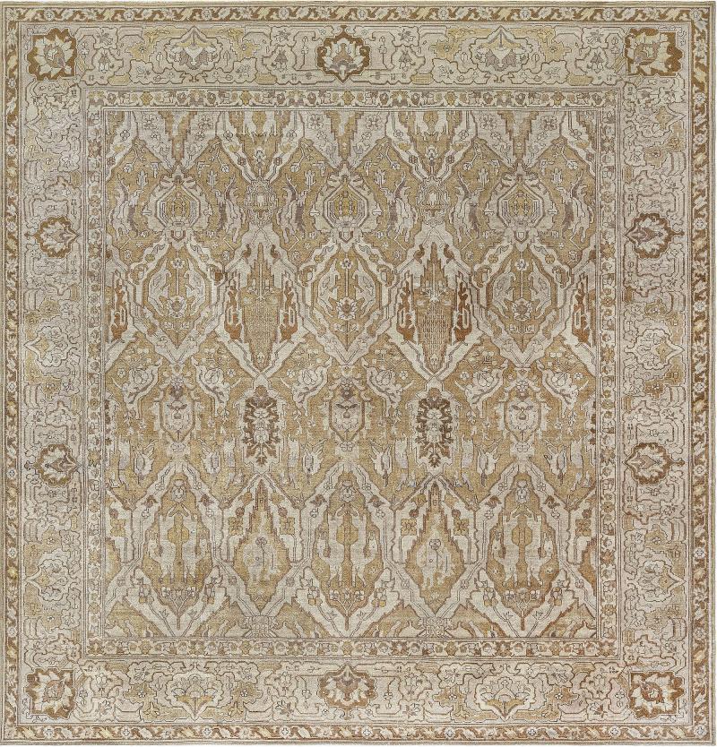 Antique Indian Amritsar Beige Brown Gold Handmade Wool Rug Size Adjusted 