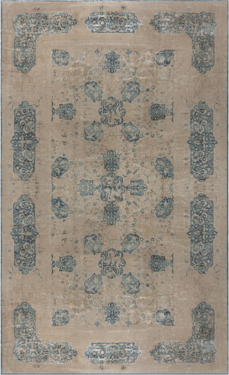 Antique Indian Animal Design Beige and Sky Blue Handwoven Wool Rug