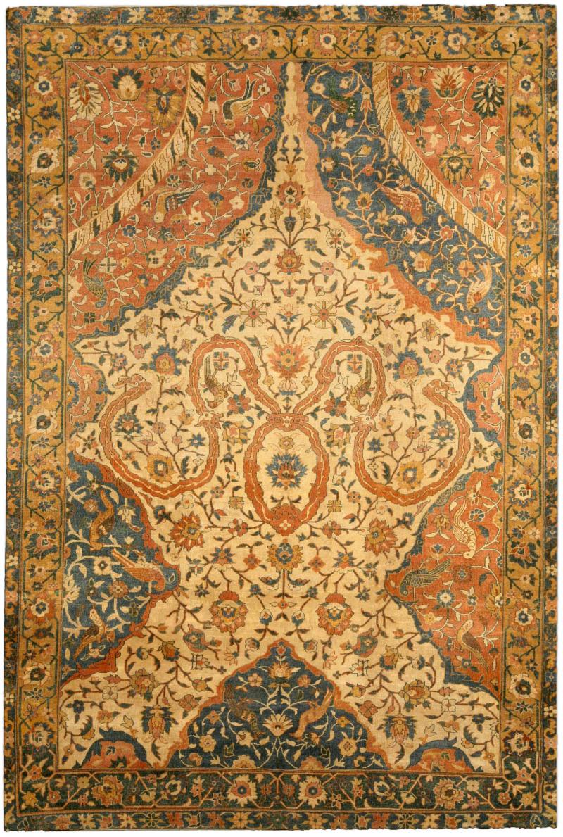 Antique Indian Blue Yellow and Orange Handwoven Wool Carpet