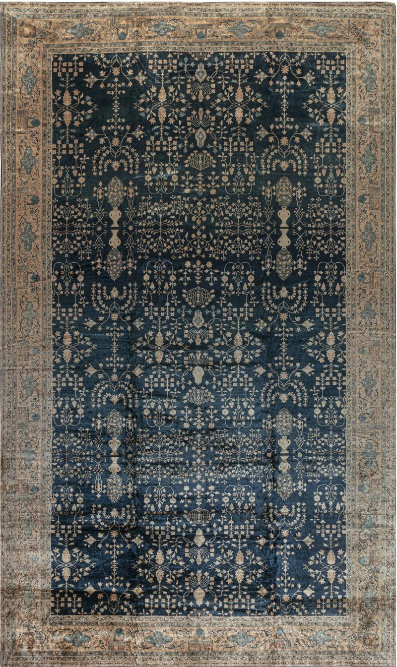Antique Indian Botanic Blue Handmade Wool Rug