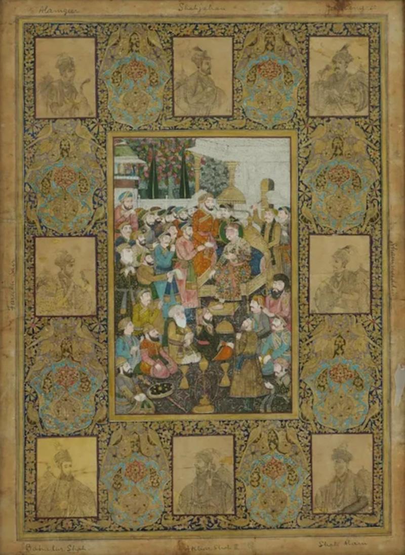 Antique Indian Mughal School Painting Court Emperors