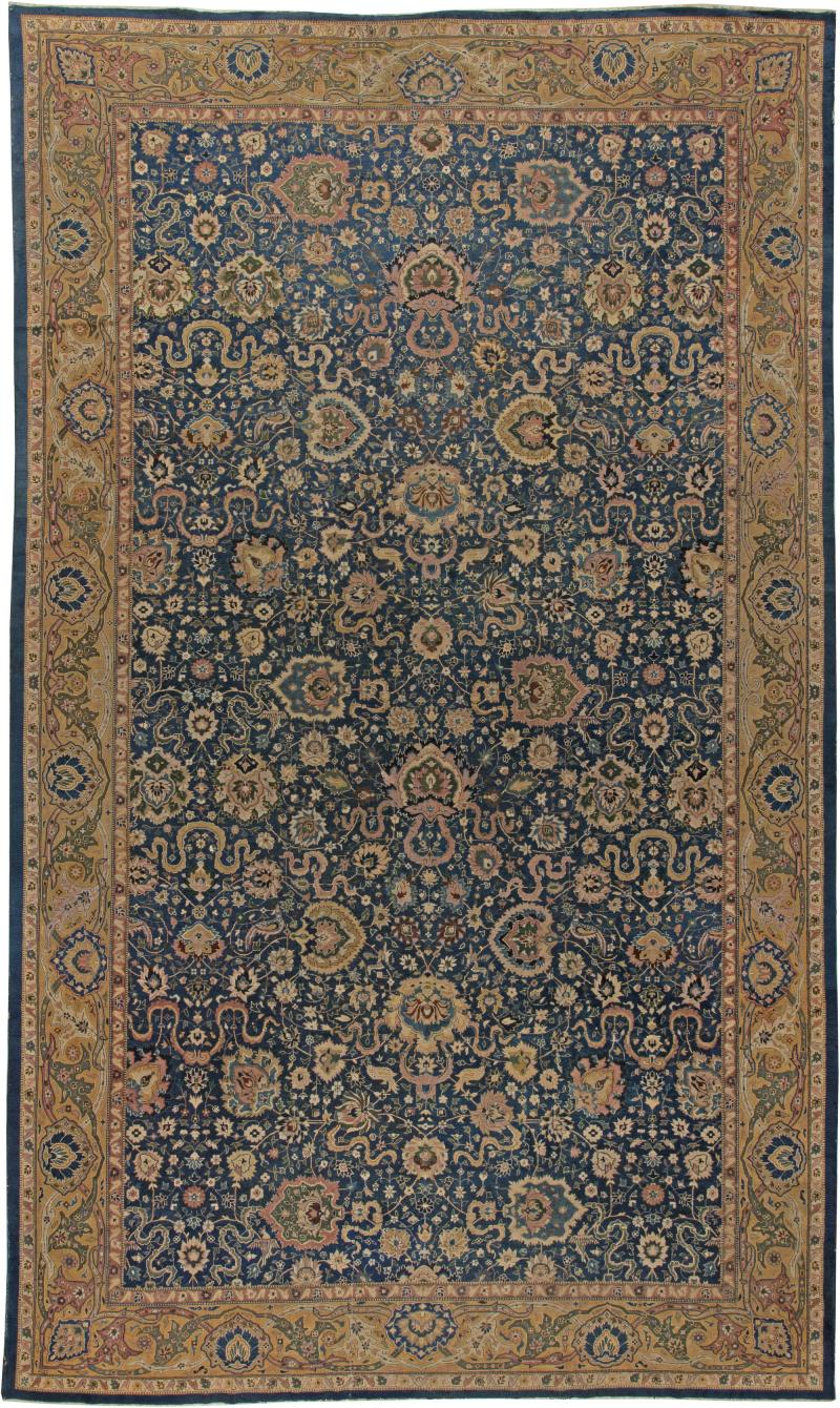 Antique Indian Navy Blue and Beige Handmade Wool Carpet