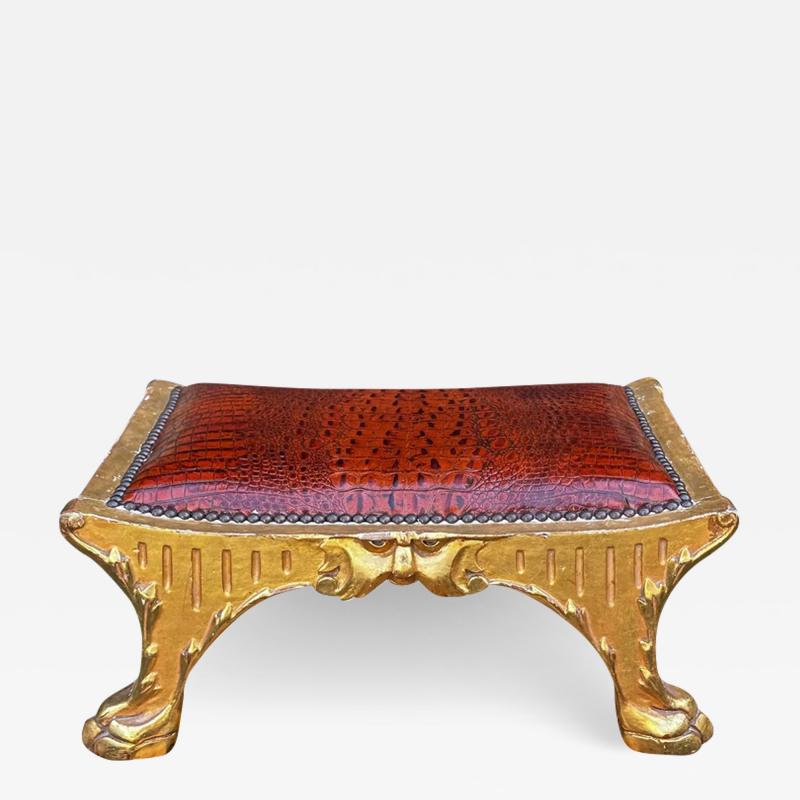 Antique Italian Crocodile Leather Gilt Wood Footstool Stool Bench