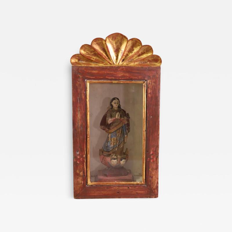 Antique Italian Polychrome Santos Figure in Red Gold Reliquary