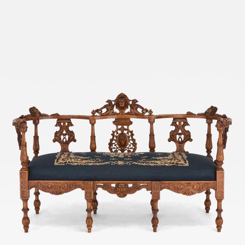 Antique Italian grotto furniture carved wood and needlepoint settee