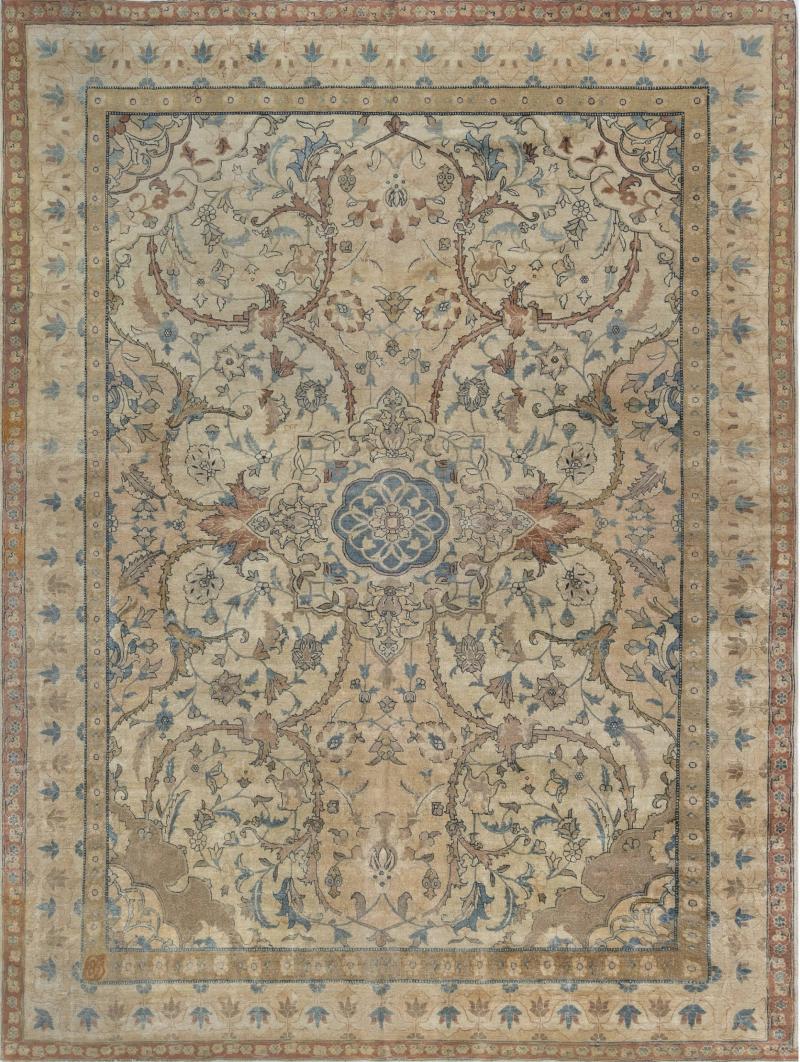Antique Ivory Background Blue Flower Medallion Persian Tabriz Wool Rug