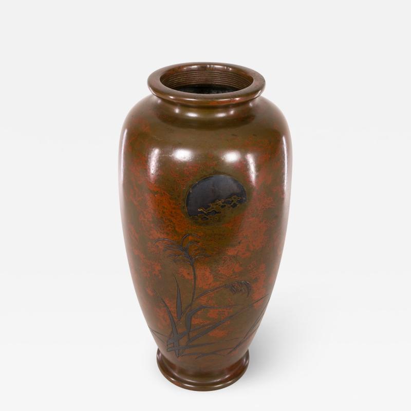 Antique Japanese Bronze Vase with Landscape and Red Patina