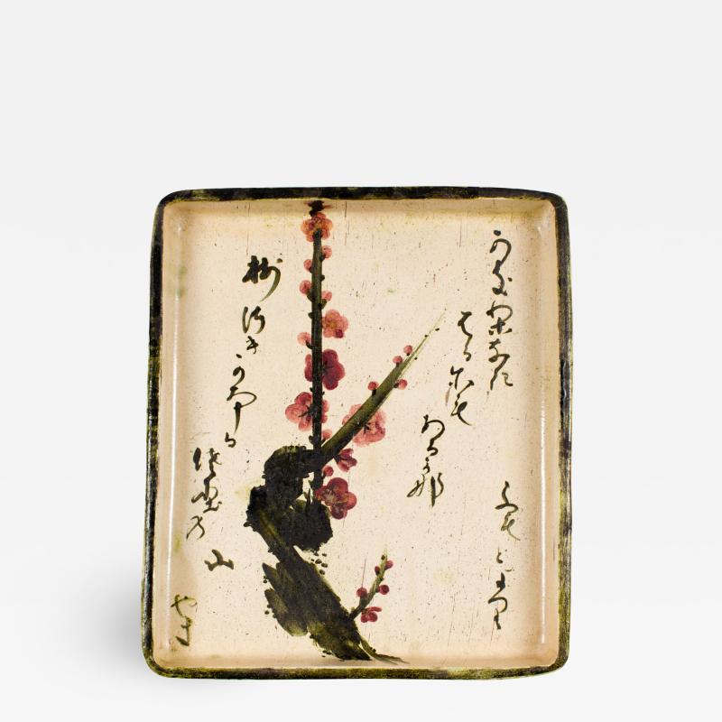 Antique Japanese Ceramic Tray with Plum and Calligraphy Design