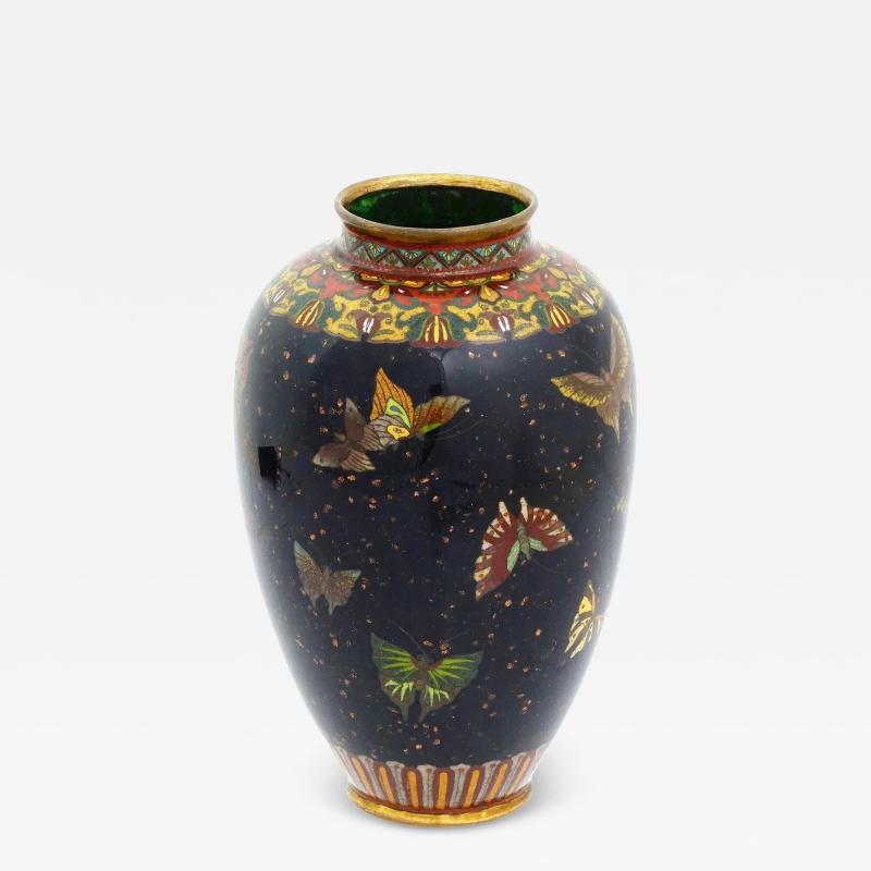 Antique Japanese Cloisonne Enamel Butterfly Black Goldstone Vase Honda Y