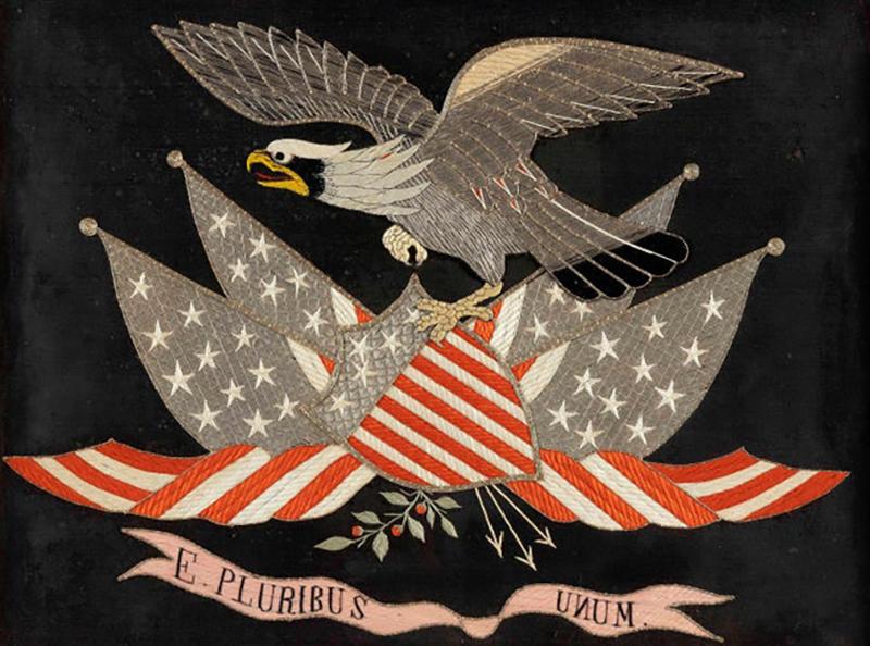 Antique Japanese Export Silk Embroidery Americana Patriotic Panel