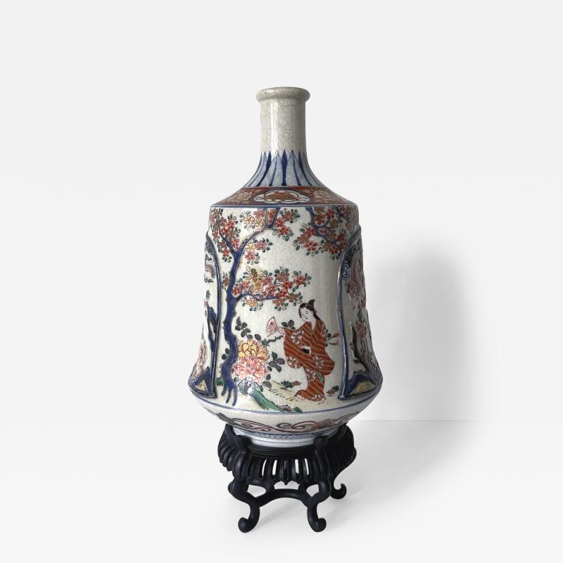 Antique Japanese Imari Bottle Vase on Wood Stand