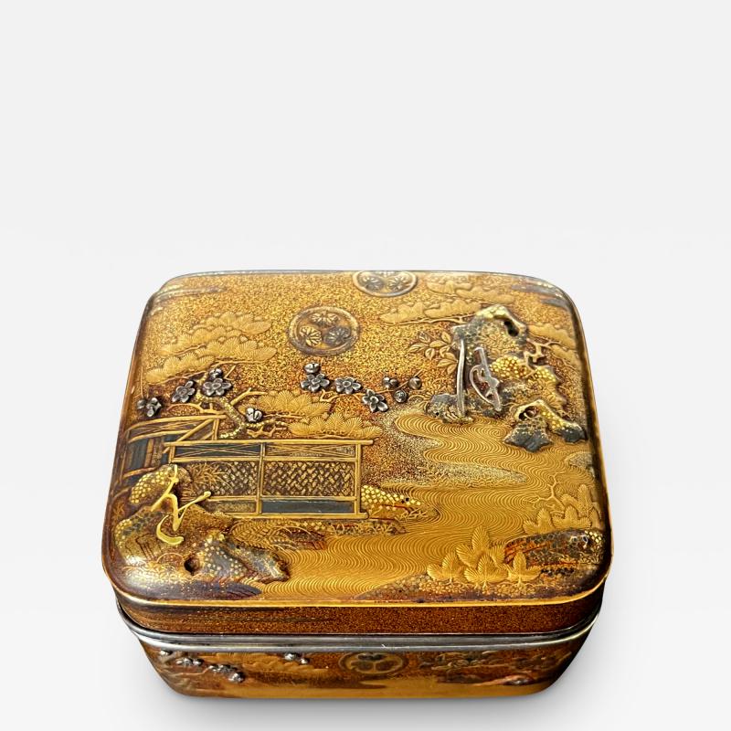 Antique Japanese Lacquer Kobako with Silver Inlays Edo Period