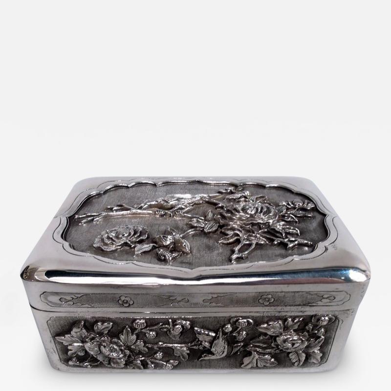 Antique Japanese Meiji Silver Box with Birds Blossoming Branches