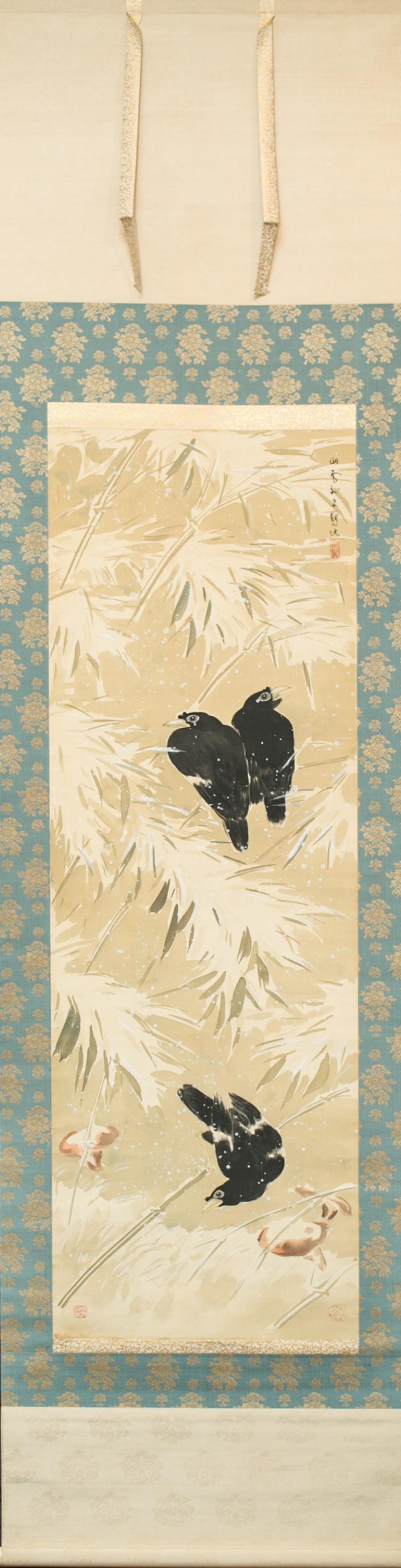 Antique Japanese Scroll Crows in Snowy Landscape