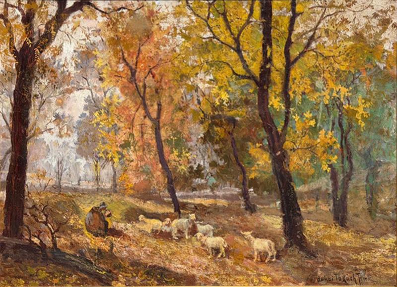 Antique Jeno Dukai Takach Hungarian Oil Painting of Sheep in a Landscape