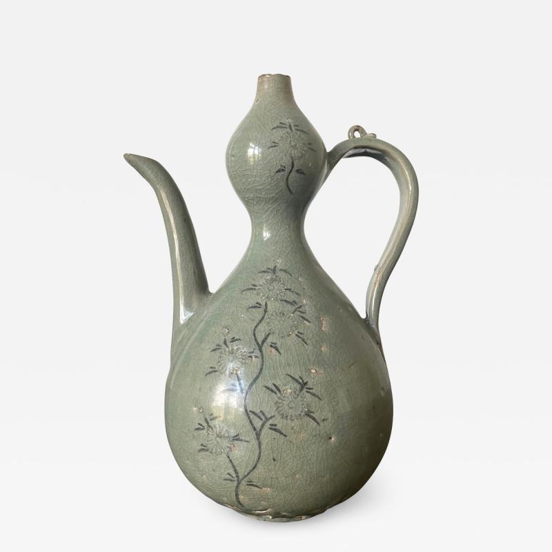 Antique Korean Celadon Ceramic Ewer with Slip Inlay Goryeo Dynasty