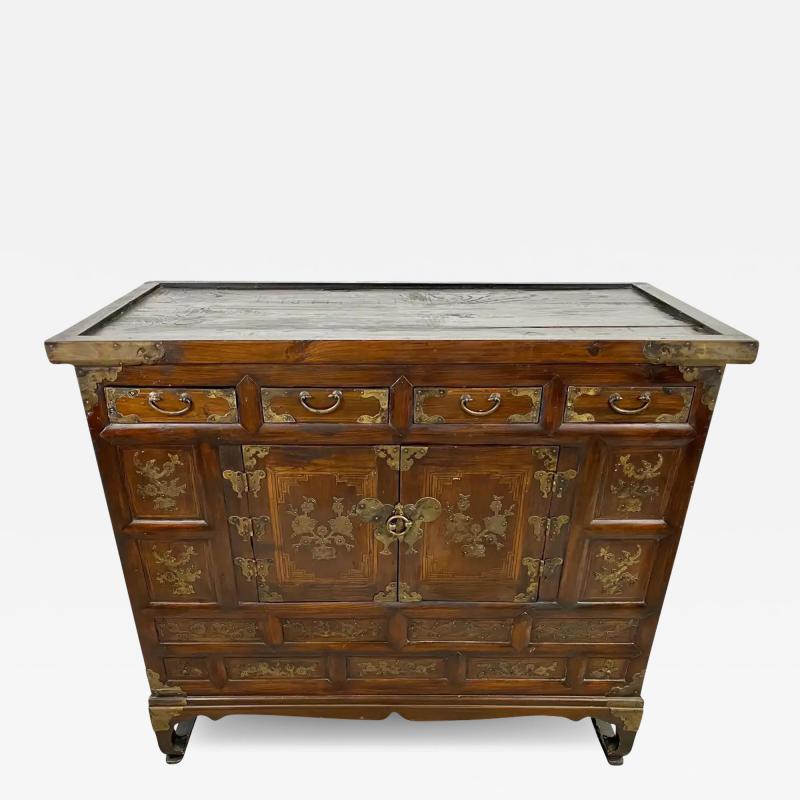 Antique Korean Tansu Butterfly Cabinet or Chest Elm Wood with Brass Inlay