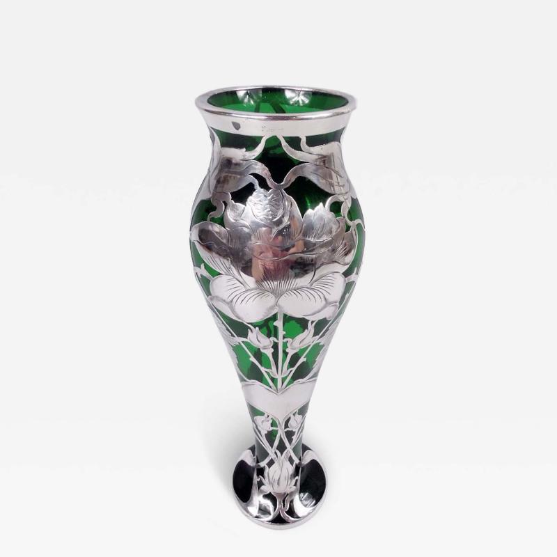 Antique La Pierre American Art Nouveau Green Silver Overlay Vase